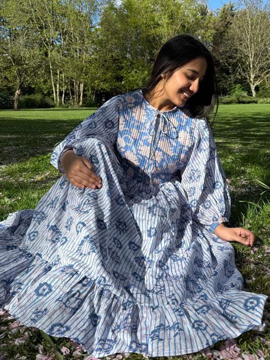 Pure Cotton Long Dress Indian Block Print Boho Colourful Summer Earthy Elegant Comfy Daywear Mom Outfit | Quilted Blue White Bib Country Vibe
