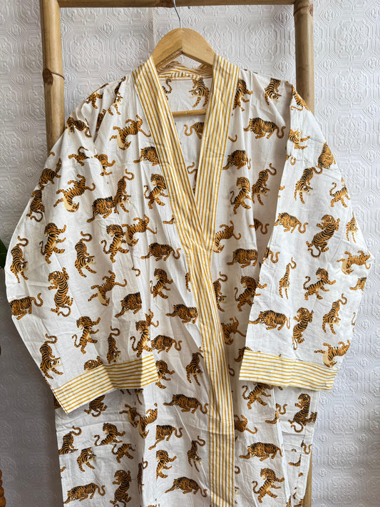Pure Cotton Block printed White yellow real tiger print