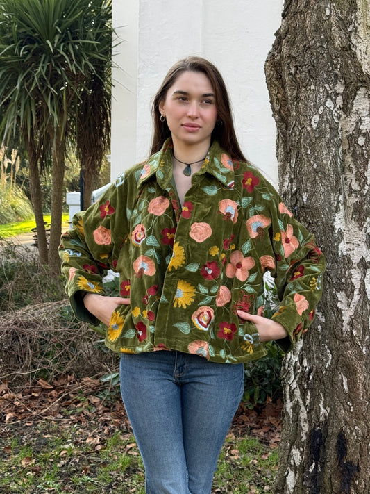 Verdant Elegance: Silk Thread Embroidery Jacket