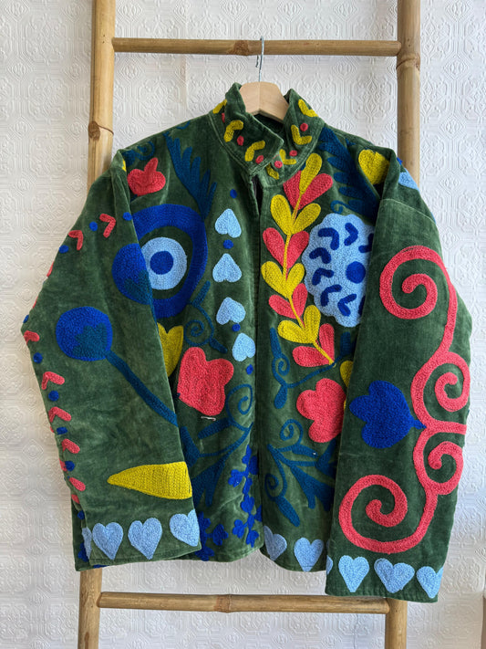 Velvet Suzani Love Artisan Hand Embroidered Short Jacket | Autumn Winter Boho Gypsy | Luxury Special Gift Rich green with blue Embroidery
