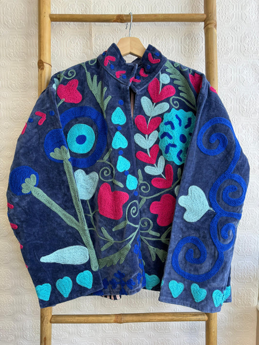 Velvet Suzani Love Artisan Hand Embroidered Short Jacket | Autumn Winter Boho Gypsy | Luxury Special Gift Blue Grey