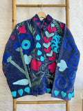 Velvet Suzani Love Artisan Hand Embroidered Short Jacket | Autumn Winter Boho Gypsy | Luxury Special Gift Blue Grey