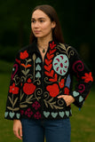 Velvet Suzani Love Artisan Hand Embroidered Short Jacket | Autumn Winter Boho Gypsy | Luxury Special GiftRich Pink with Blue Orange  Embroidery