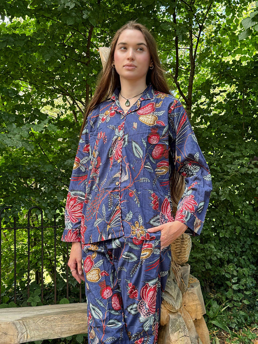 Peacock Bird Garden Hand Printed Indian Blockprint Pure Cotton Floral Pyjama Set | Spring Blue Desire Pomegranate Art