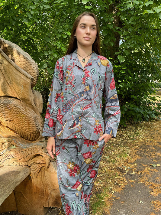 Peacock Bird Garden Hand Printed Indian Blockprint Pure Cotton Floral Pyjama Set | Spring Summer Grey Red Persian Art
