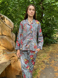 Peacock Bird Garden Hand Printed Indian Blockprint Pure Cotton Floral Pyjama Set | Spring Summer Grey Red Persian Art