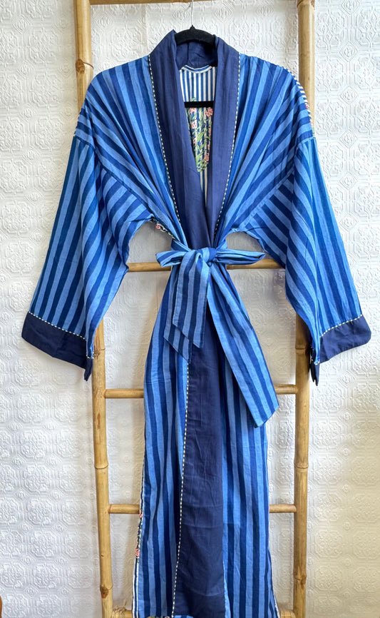 Pure Cotton Handprinted House Robe Tropical Kimono - Blue Spark Chunky style Crush Festival Paradise | Beach Coverup/Comfy Maternity