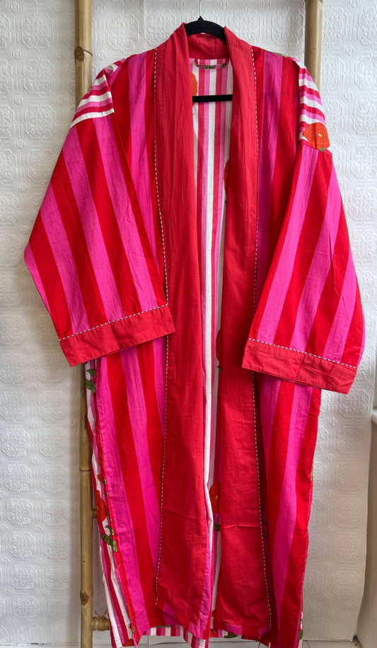 Pure Cotton Handprinted House Robe Tropical Kimono - Red, Pink Spark Chunky style Crush Festival Paradise | Beach Coverup/Comfy Maternity