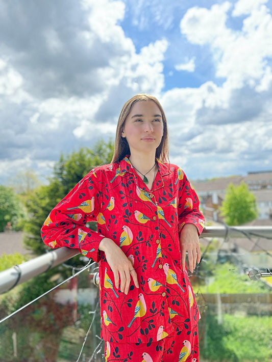 Luxury Hand Printed Indian Blockprint Pure High Quality Cotton Floral Bird Pyjama Set - Summer Red Pink Quirky Robin Bird | Christmas Vibe