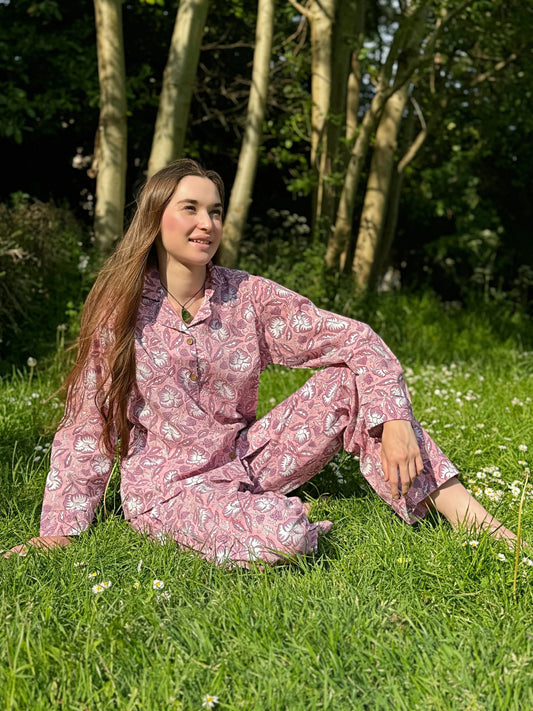 Love Garden Hand Printed Indian Blockprint Pure Cotton Floral Pyjama Set | Spring Lilac Pink Pastel Hibiscus