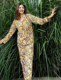 Luxury Hand Printed Indian Blockprint Pure High Quality Cotton Floral Bird Pyjama Set - Summer Mughal Yellow Lotus Green White