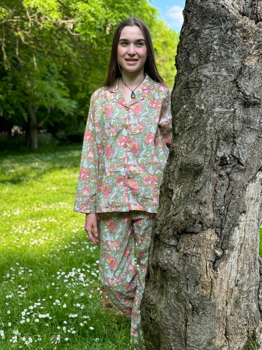 Luxury Hand Printed Indian Blockprint Pure High Quality Cotton |  Spring Pistachio Green Peach Pink Pastel Hibiscus
