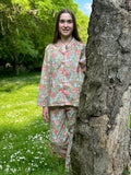Luxury Hand Printed Indian Blockprint Pure High Quality Cotton |  Spring Pistachio Green Peach Pink Pastel Hibiscus