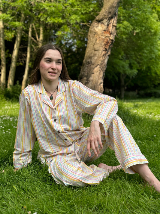 Luxury Hand Printed Indian Blockprint Pure High Quality Cotton | White Yellow Stripe