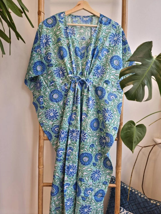 Pure Cotton Kaftan Indian Block printed Summer Kimono Floral Beach Coverup/Comfy Maternity Summer Ocean Aqua Green Soft Blue Floral Joy