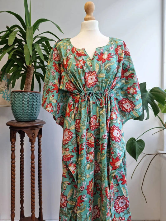 Pure Cotton Kaftan Dress Indian Block printed Summer Kimono Floral Beach Coverup Comfy Maternity Spring Elegan Sea Green Red