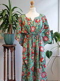 Pure Cotton Kaftan Dress Indian Block printed Summer Kimono Floral Beach Coverup Comfy Maternity Spring Elegan Sea Green Red