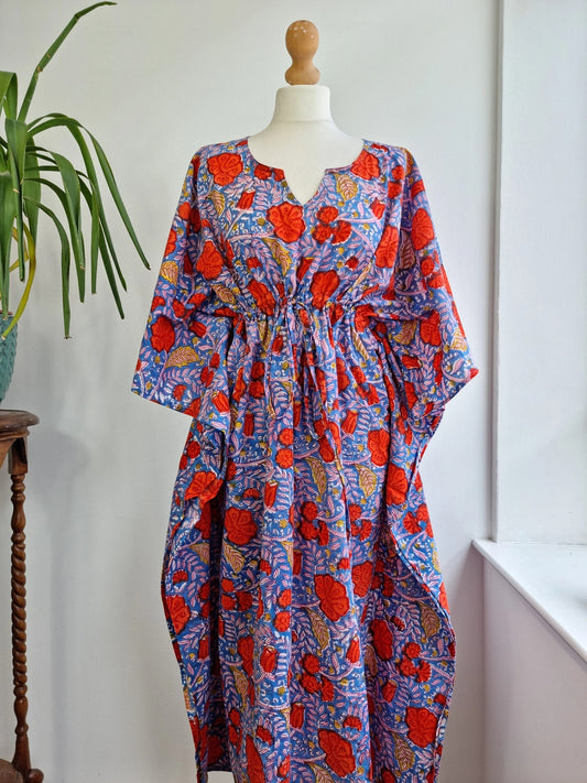 Pure Cotton Kaftan Indian Block printed Summer Kimono Floral Beach Coverup/Comfy Maternity Summer Soft Blue Red Mustard Pink Floral Joy