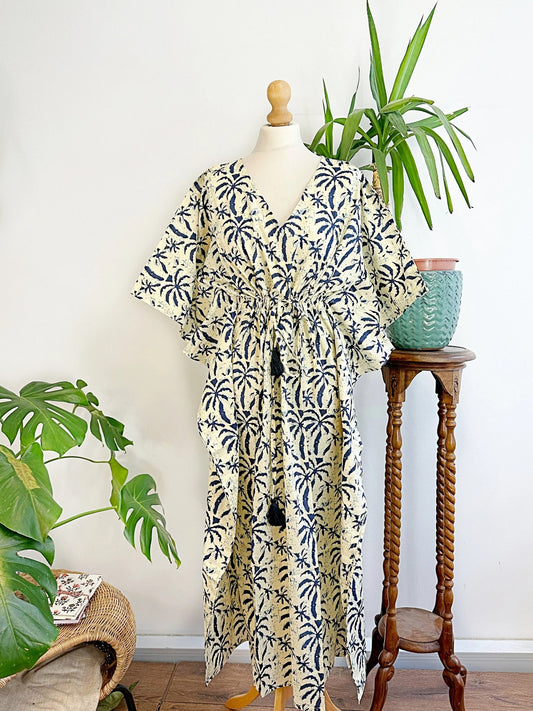Pure Cotton Kaftan Long Dress Indian Blockprint Summer Kimono Floral Beach Spa Travel Coverup Comfy Summer Cream Indigo Blue Palm Tree