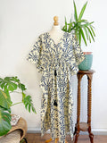 Pure Cotton Kaftan Long Dress Indian Blockprint Summer Kimono Floral Beach Spa Travel Coverup Comfy Summer Cream Indigo Blue Palm Tree