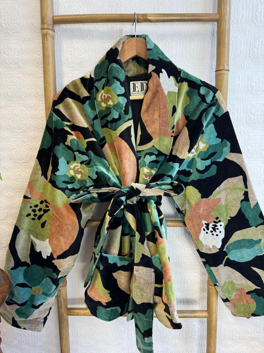 Luscious Luxurious Hip Length Shawl Collar Kimono Printed Velvet Jacket