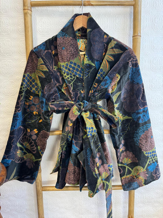 Luscious Luxurious Hip Length Shawl Collar Kimono Printed Velvet Jacket