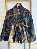 Luscious Luxurious Hip Length Shawl Collar Kimono Printed Velvet Jacket
