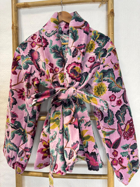 Luscious Luxurious Hip Length Shawl Collar Kimono Printed Velvet Jacket