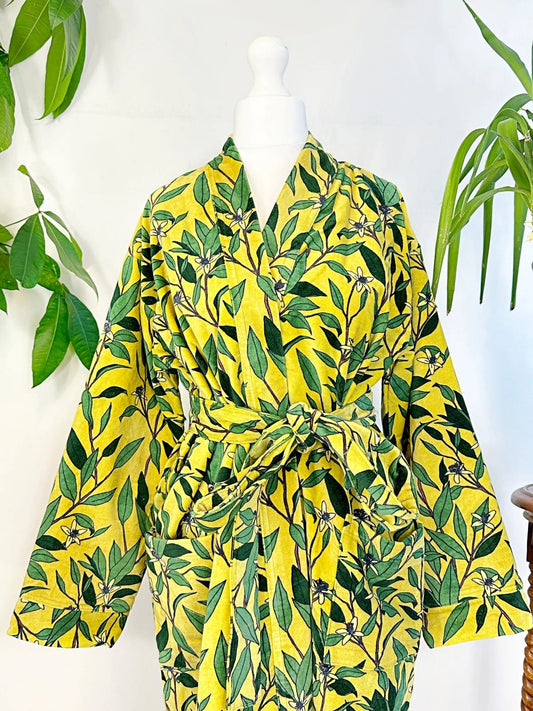 Luxury Velvet House Robe Unisex Kimono Yellow Green Forest Leaves