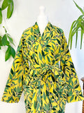 Luxury Velvet House Robe Unisex Kimono Yellow Green Forest Leaves