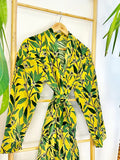 Luxury Velvet House Robe Unisex Kimono Yellow Green Forest Leaves