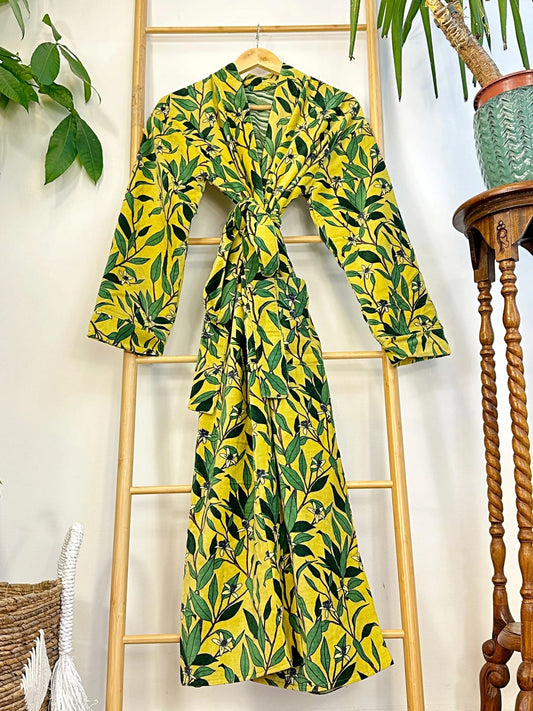 Luxury Velvet House Robe Unisex Kimono Yellow Green Forest Leaves