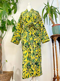 Luxury Velvet House Robe Unisex Kimono Yellow Green Forest Leaves