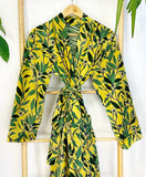Luxury Velvet House Robe Unisex Kimono Yellow Green Forest Leaves