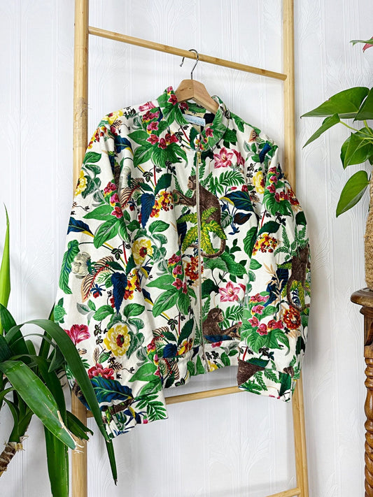 Velvet Boho Bomber Quirky Jacket White Green Hue Monkey Jungle Tropical