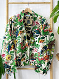 Velvet Boho Bomber Quirky Jacket White Green Hue Monkey Jungle Tropical