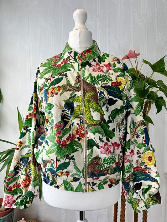 Velvet Boho Bomber Quirky Jacket White Green Hue Monkey Jungle Tropical