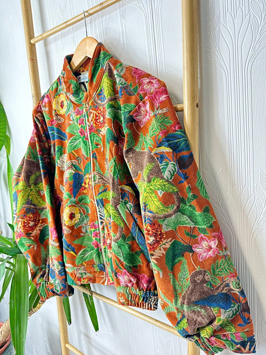 Velvet Boho Bomber Quirky Jacket Rust Orange Green Hue Monkey Tropical