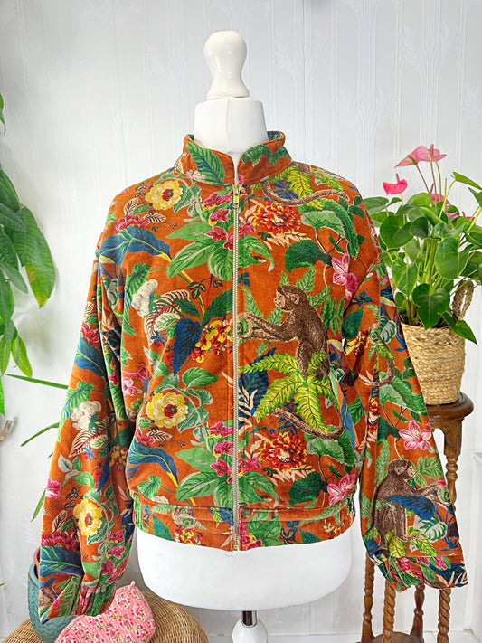 Velvet Boho Bomber Quirky Jacket Rust Orange Green Hue Monkey Tropical
