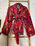 Luscious Luxurious Hip Length Shawl Collar Kimono Printed Velvet Jacket