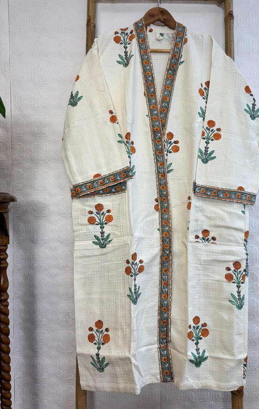 Pure Waffle Cotton Handprinted House Bath Dress Robe Summer Kimono | Floral Spa Beach Coverup IVORY MARIGOLD MOTIFS WITH GREEN ACCENTS