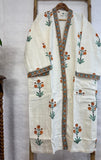 Pure Waffle Cotton Handprinted House Bath Dress Robe Summer Kimono | Floral Spa Beach Coverup IVORY MARIGOLD MOTIFS WITH GREEN ACCENTS
