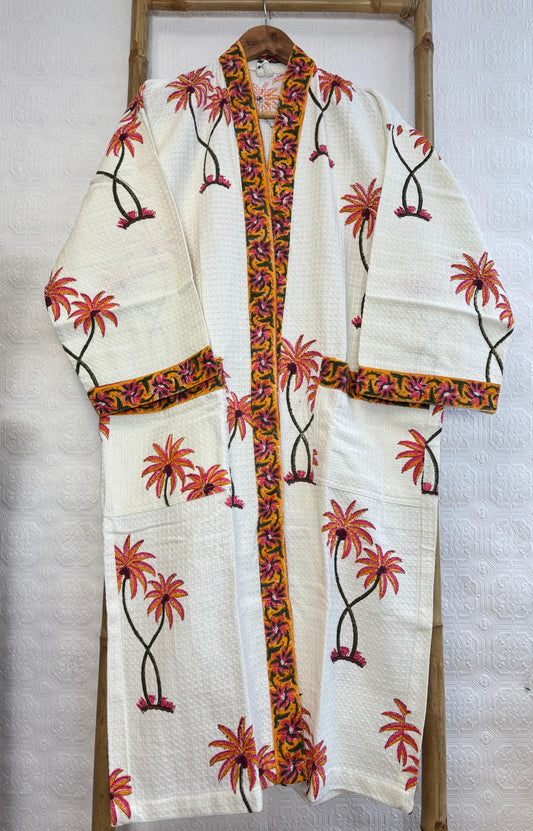 Pure Waffle Cotton Handprinted House Bath Dress Robe Summer Kimono | Floral Spa Beach Coverup |WHITE PEACH ORANGE