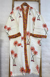 Pure Waffle Cotton Handprinted House Bath Dress Robe Summer Kimono | Floral Spa Beach Coverup |WHITE PEACH ORANGE