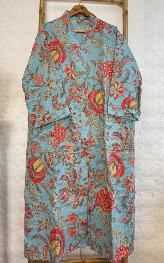 Pure Waffle Cotton Handprinted House Bath Dress Robe Summer Kimono | Floral Spa Beach Coverup |TURQUOISE RED ORANGE HUES
