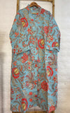 Pure Waffle Cotton Handprinted House Bath Dress Robe Summer Kimono | Floral Spa Beach Coverup |TURQUOISE RED ORANGE HUES