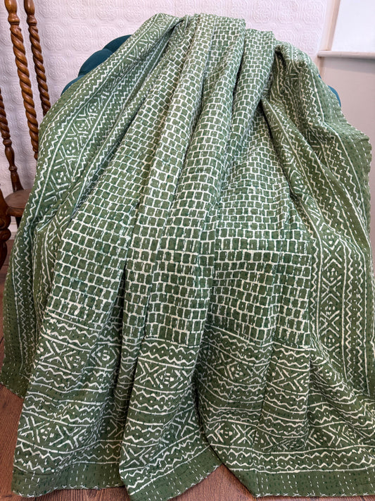 Kantha Stitch Cotton Reversible Bed/Sofa Throw King Size FOREST GREEN OFF WHITE