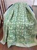 Kantha Stitch Cotton Reversible Bed/Sofa Throw King Size CLOVER GREEN WHITE
