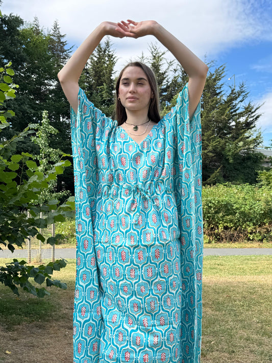 Pure Cotton Kaftan Long Dress Indian Blockprint Boho Summer Kimono Floral Beach Coverup  Overall