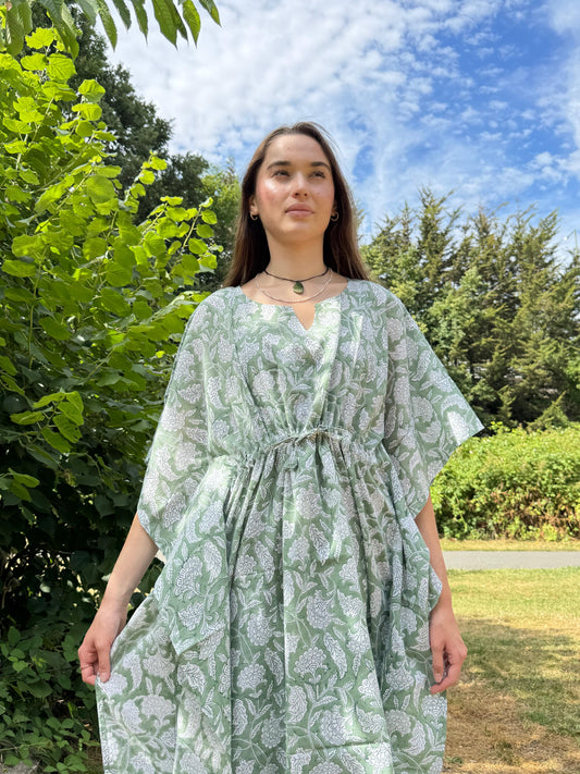Pure Cotton Kaftan Long Dress Indian Blockprint Boho Summer Kimono Floral Beach Coverup Overall